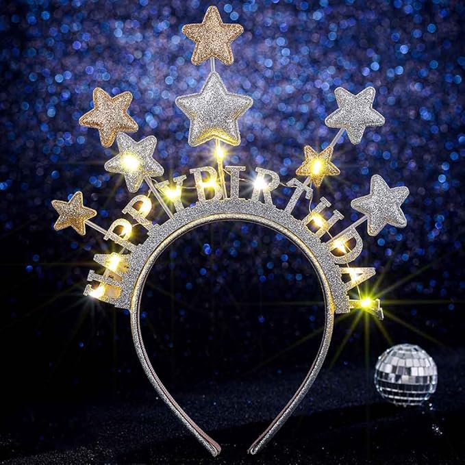 Aceorna Light Up Stars Headbands LED Gold Birthday Hairbands Glowing Happy Birthdays Crowns Head Bands Glitter Birthday Ha...