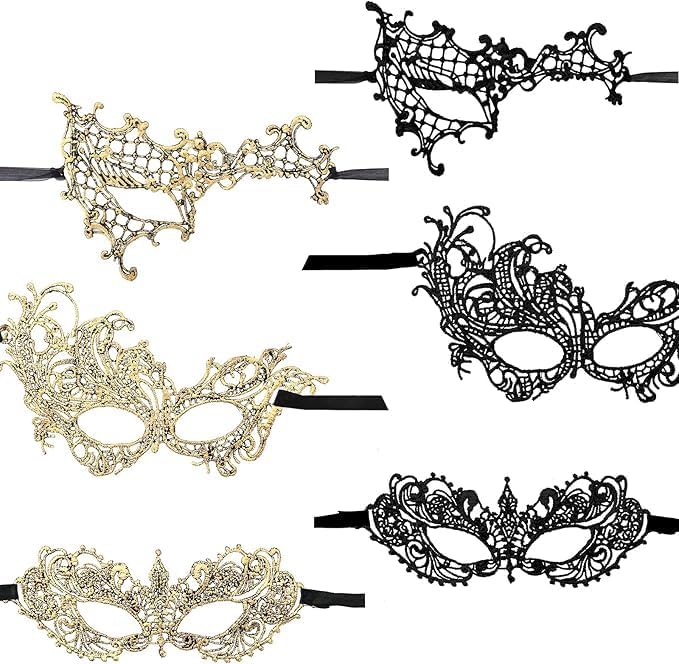 Yolev 6 Pcs Masquerade Masks for Women Gold Black Lace Mask 6 Styles Masquerade Mask for Glasses Couples Halloween Prom Ba...