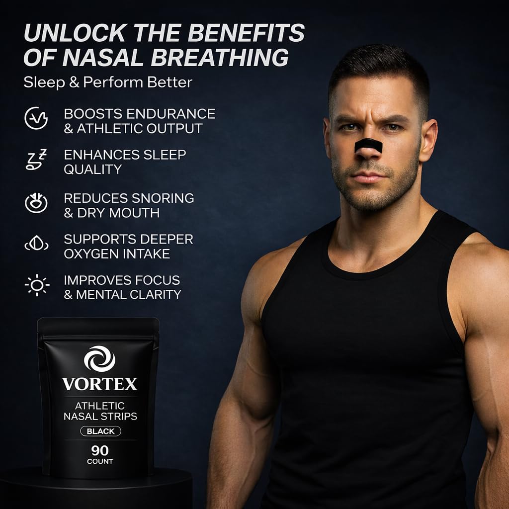 Performance Nose Strips for Breathing (90 Count) - Oil & Sweat Proof Adhesive - Athletic Nasal Strips for Snoring & Sleeping - Black, Wide, Universal Fit, Extra Strength Snoring Solution for Sleep