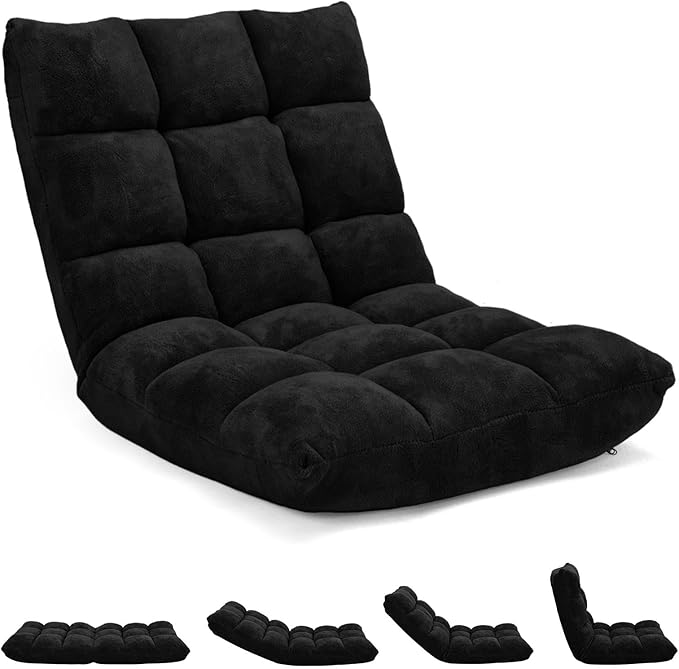 Folding Floor Chair w/Back Support, 14-Position Adjustable Lazy Sofa Chair w/Coral Velvet Fabric & Alloy Steel Frame, Portable Meditation Chair for Reading, Gaming,Sleeping (Black)