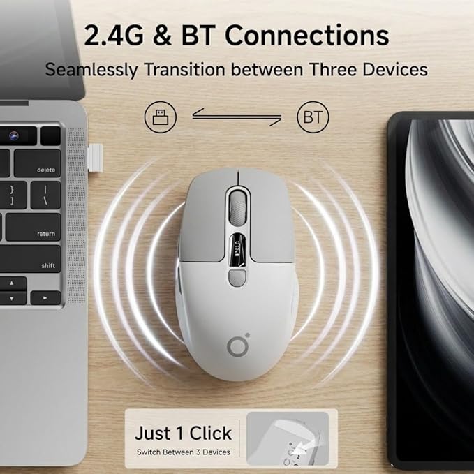 EWEADN Q1 Wireless Mouse, BT & 2.4G Silent Mouse Quiet Click with 1600 DPI Levels, Battery & DPI LED Screen Display, 6 Button Small Portable Bluetooth Mouse for Laptop/PC/Mac-Grey