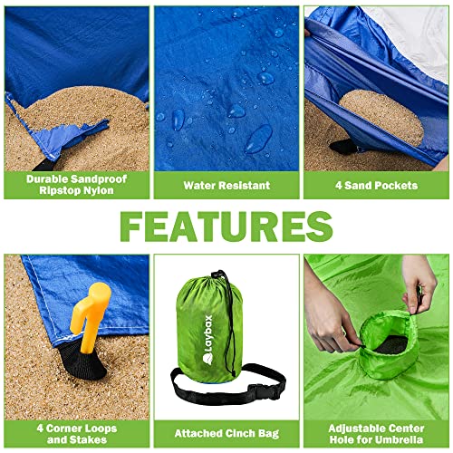 Laybax Green Water-Resistant, Sandproof 10x9ft Beach Blanket With Umbrella Hole–Beach Mat, Compact and Lightweight, Stuff ...