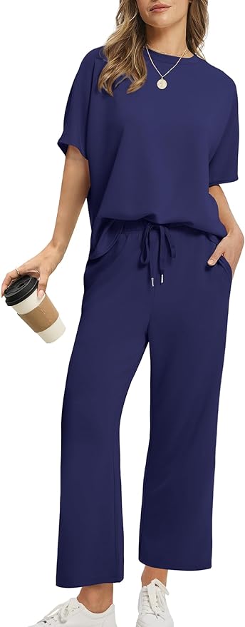 Sampeel Two Piece Sets for Women Summer Outfits Oversized Wide Leg Crop Pants Lounge Sets Airport Beach Vacation Clothes