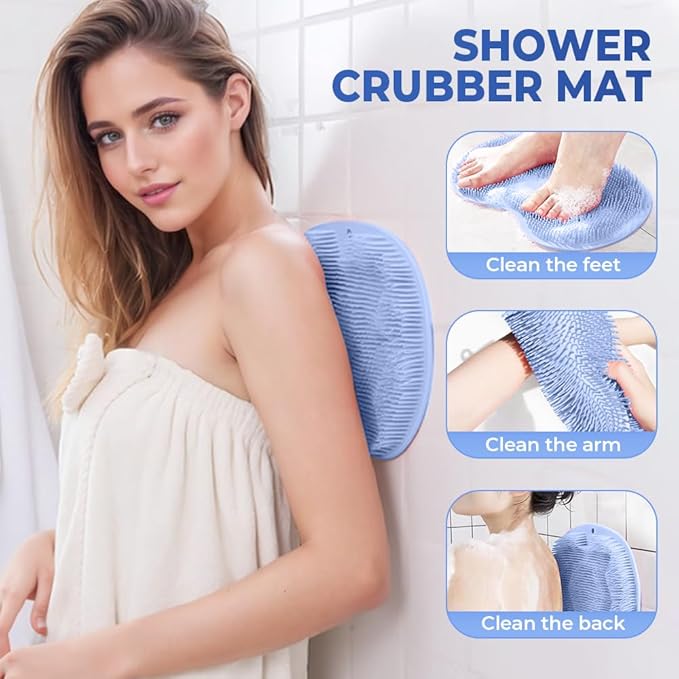 Shower Foot Scrubber Mat with Non-Slip Suction Cups, Non Slip Bathtub and Shower Mat with Suction Cups and Drain Holes, Foot Back Cleaning Pad Back Washer Exfoliating Bath Wash Pad (Khaki)