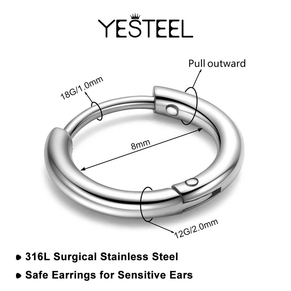 8MM Surgical Steel Hoop Earrings, Silver Huggie Hoop Earrings for Men Women Hypoallergenic, 316L Surgical Stainless Steel Earrin
