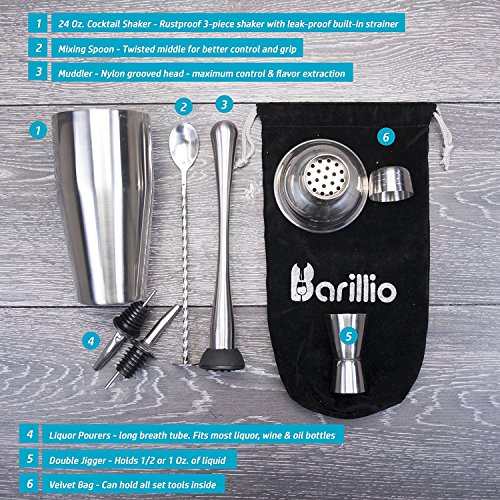 Barillio Mixology Bartender Kit - 8 pcs Stainless Steel Travel Cocktail Shaker Set with Bag - Bar Tools Set with Martini S...