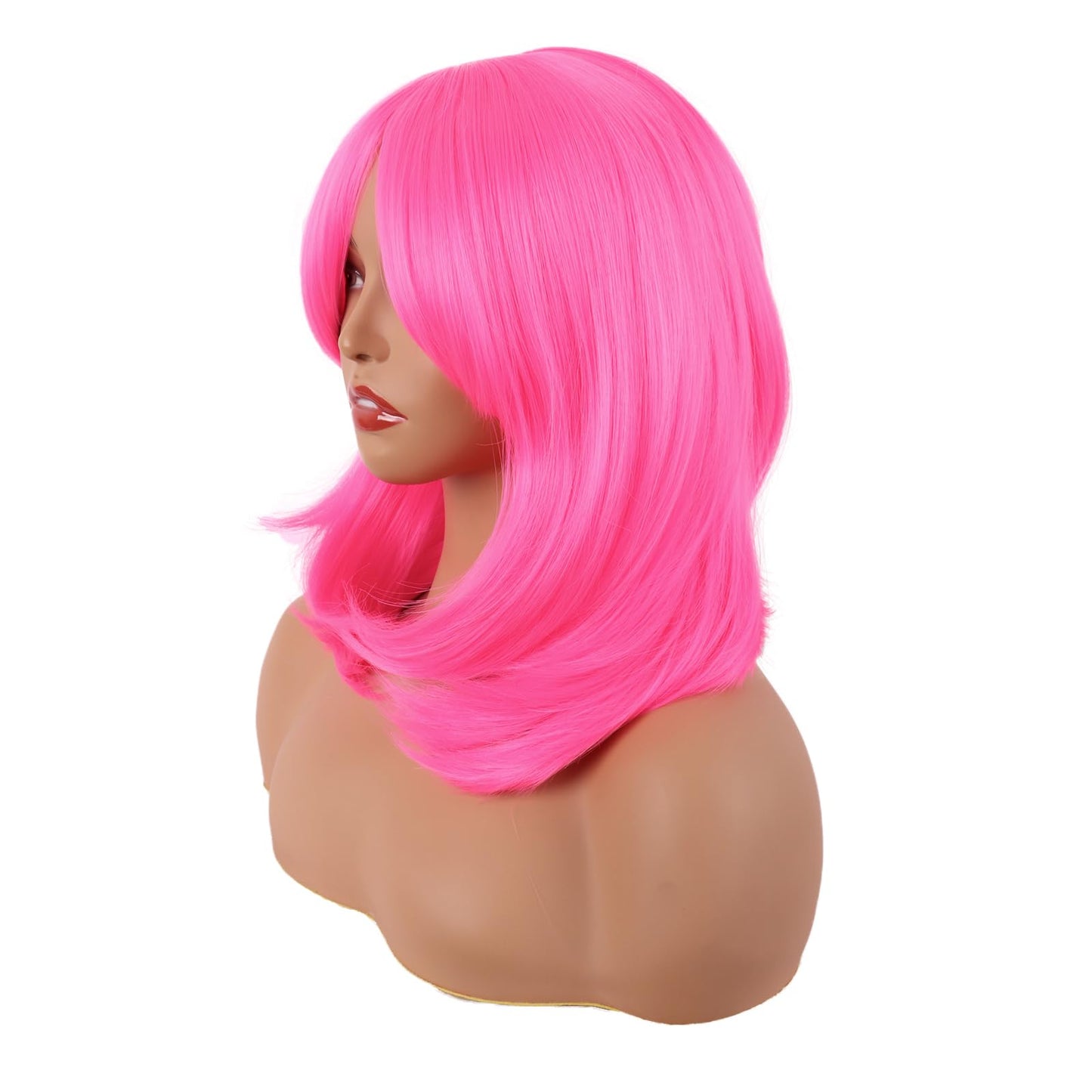 MapofBeauty 18 Inch/45 cm Layered Bangs Straight Synthetic Fiber Shoulder Length Hair Daily Use Wig (Neon Pink)