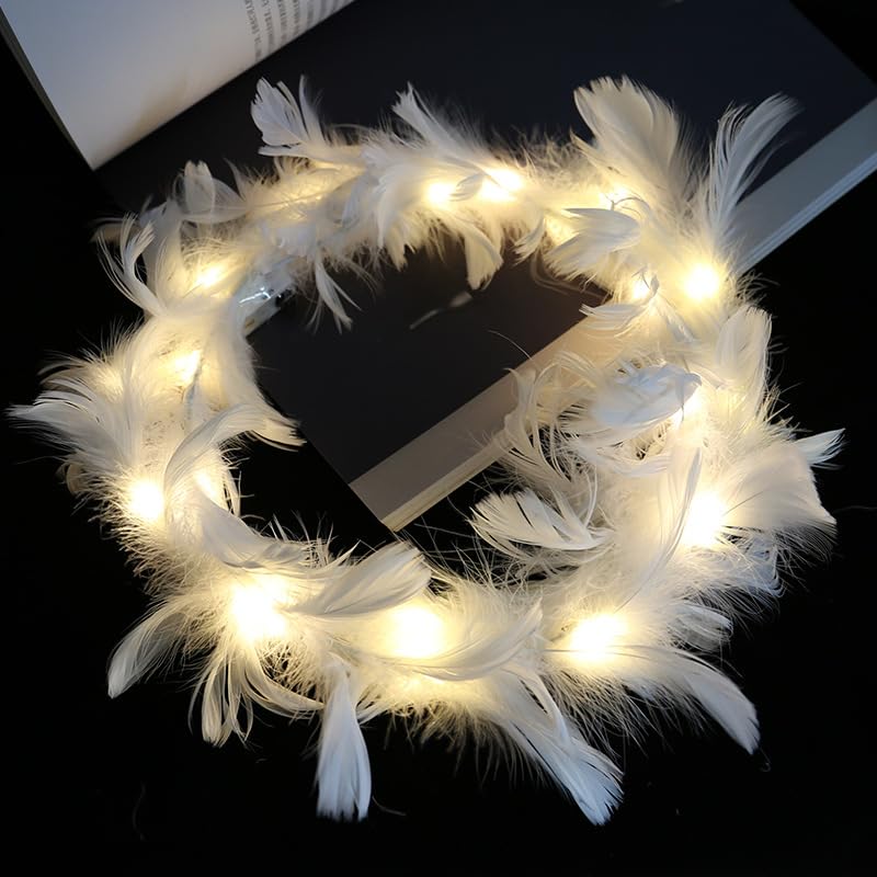 winvin LED Feather Wreath Crown Headband Light-Up Angel Halo Headband For Girl Women Festival Holiday Wedding Party Cosplay