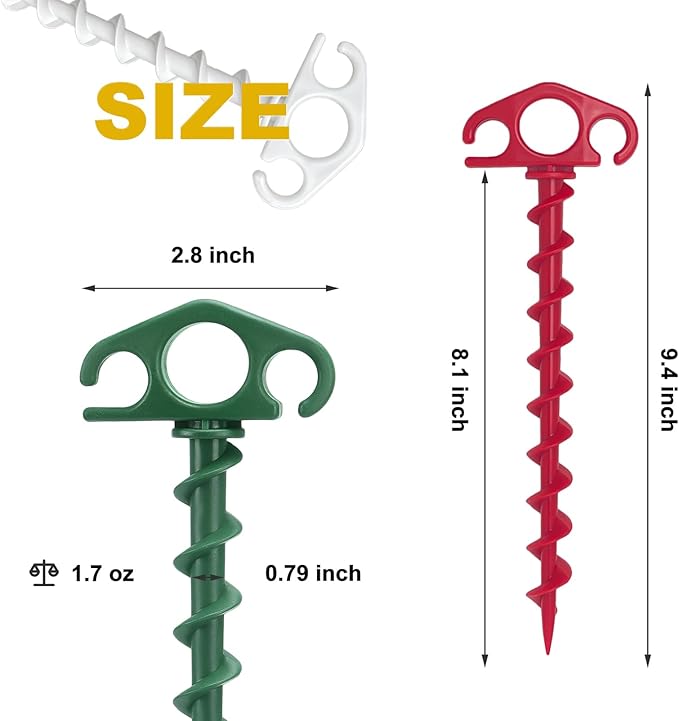 COBARYEN Plastic Inflatable Stakes, Tent Stake 6 Pack Sand Stakes for Beach 9.4 Inch Heavy Duty Spiral Yard Stakes for Camping, Party and Outdoor Halloween Christmas Decorations (9, Red+Green+White)