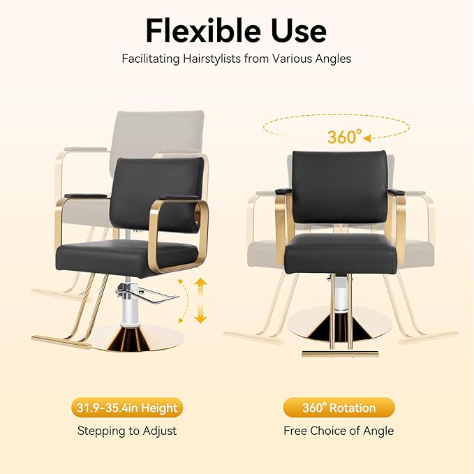 Stylist Salon Chair 360° Rotatable Barber Chair Hydraulic Pump Styling Vanity Chair Spa Beauty Equipment for Hair Stylists, Tattoo Artists, Max Load 440 LBS (Black and Golden)