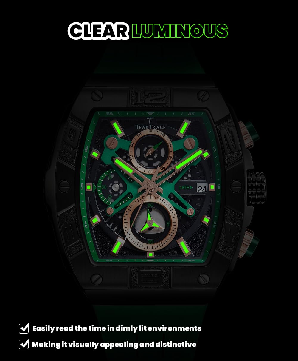 TEARTRACE Men's Watch Analog Waterproof Fashion Date Wrist Watch, Skeleton Tonneau Watch for Men with Chronograph,Ideal for Sports Enthusiasts and Daily Wear - Perfect Gifts for Men
