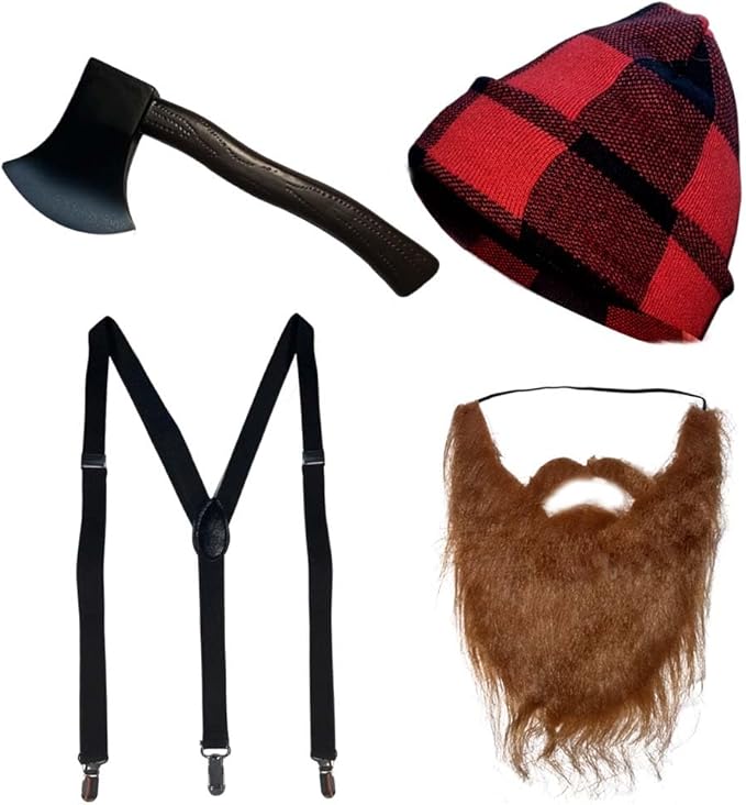 Cossneer 4 Pieces Lumberjack Costume Halloween Men Women Lumberjack Accessories Include Hat Beard Suspender Foam Axe for H...