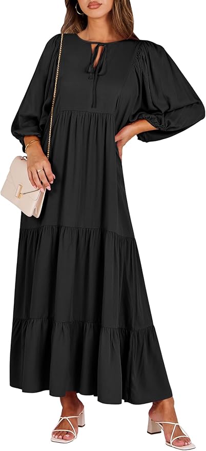 ANRABESS Womens Boho Maxi Dresses 2026 Summer V Neck Puff Sleeve Floral Flowy Swing Fall Casual Long Dress