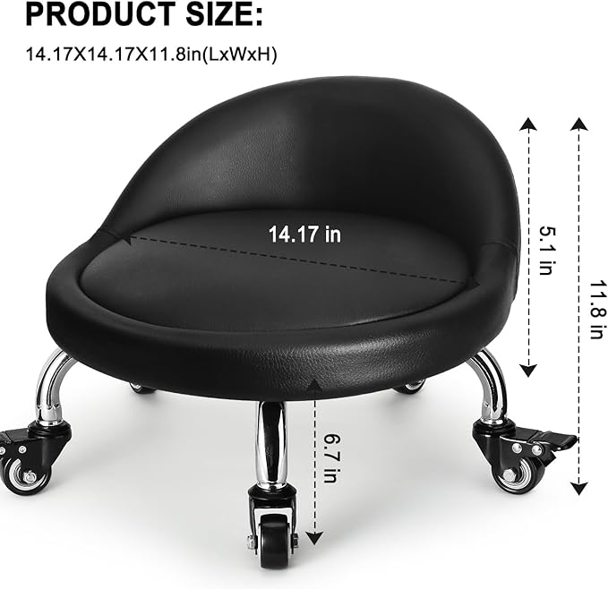 LWADALN Rolling Stool with Backrest Low Height Rolling Stool with PU Leather, Roller Stool Chair, Roller Seats for Home, Office, Garage, Shop, Library
