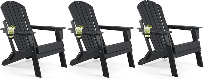 FUNBERRY Folding Adirondack Chair Set of 3, All Weather HDPE Fire Pit Chairs with Cup Holder for Outdoor