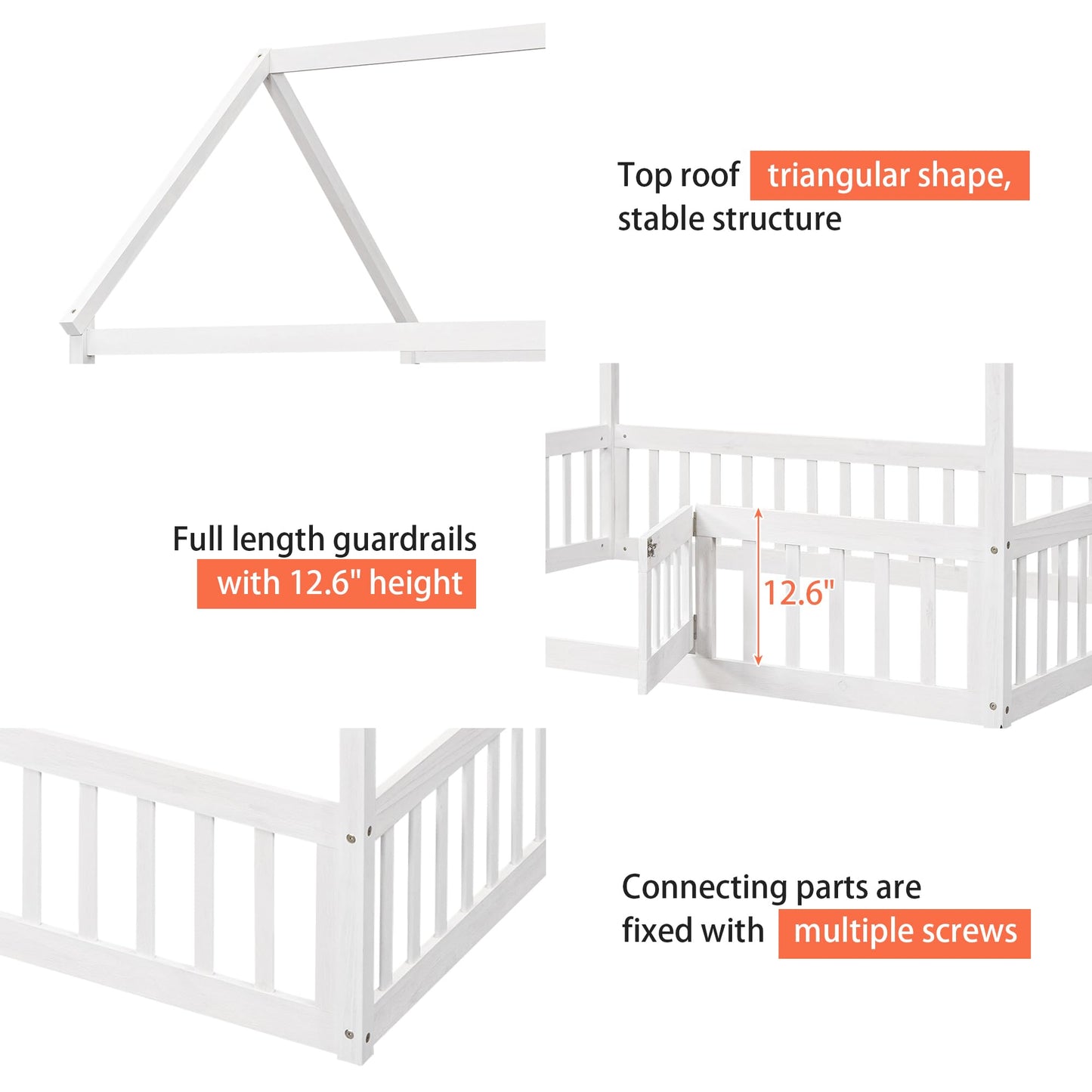 Merax Wooden House Bed, Floor Bed with Fence and Door,Full Guardrail, Full Size, White