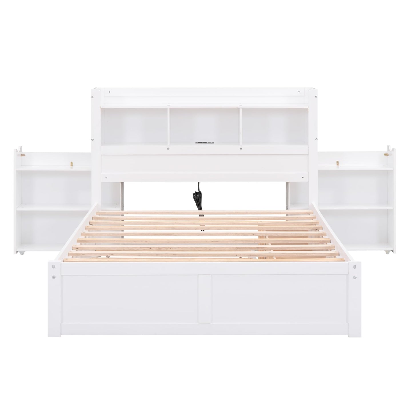 Full Size Storage Bed with Bookcase Headboard and Trundle, Wood Platform Bed Frame with Charging Station, Pull Out Shelves and Drawers for Kids Teens Adults, No Box Spring Needed,White