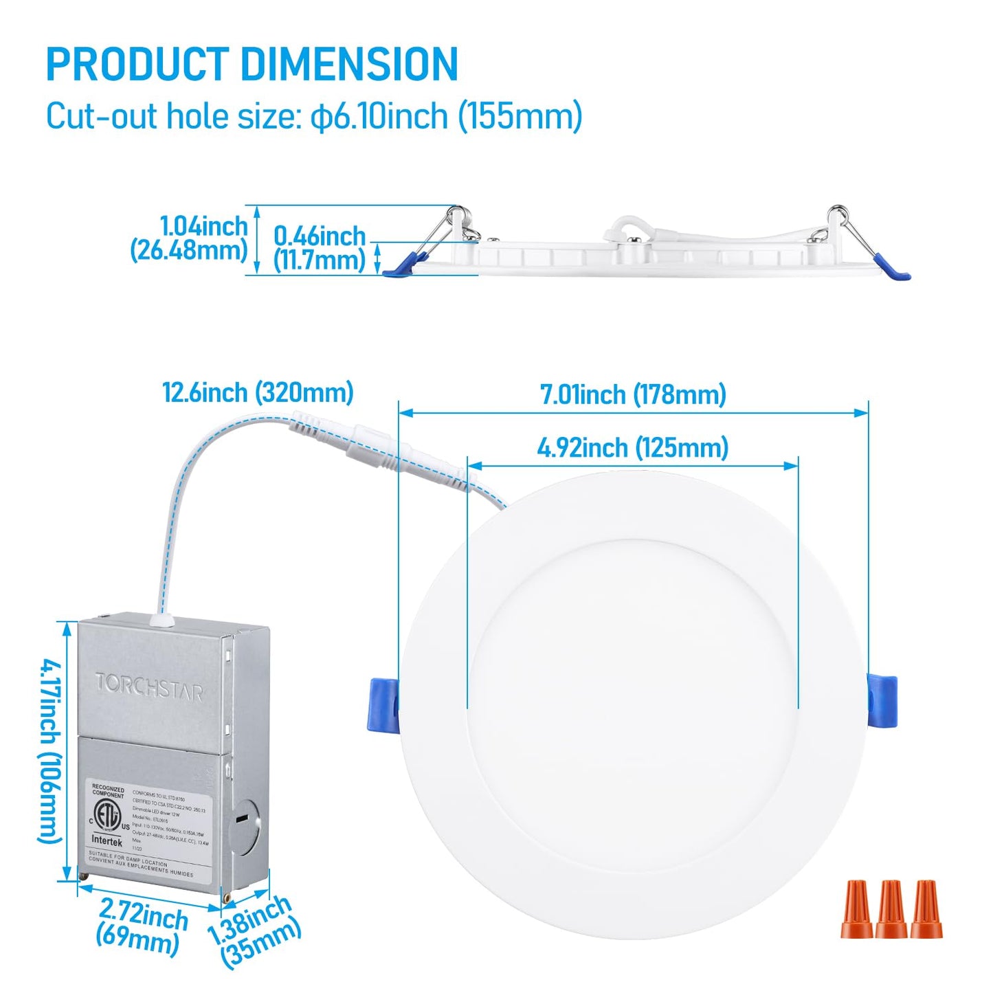 TORCHSTAR 6 Inch Slim LED Recessed Lighting with Junction Box, CRI90 Aluminum Dimmable 12W Ultra-Thin Recessed Light, 5000K Daylight, 1100LM Basic Series LED Downlight, ETL & ES & FCC, Pack of 6