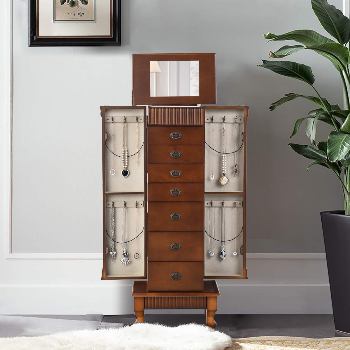 HOMGX Standing Jewelry Armoire Cabinet Storage Chest, Makeup Mirror and Top Divided Storage Organizer, Large Standing Jewelry Armoire with 7 Drawers, 2 Swing Doors, 12 Necklace Hooks