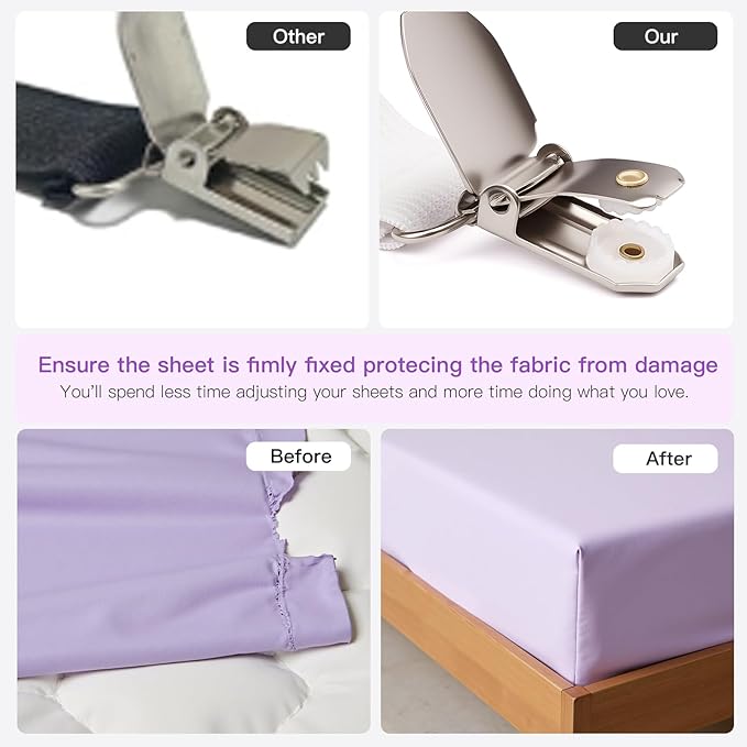 EasYoung 12PCS Bed Sheet Straps, Secure & Adjustable Fitted Sheet Holders for Full, Queen, King & More, Heavy Duty Nylon & Metal Clips