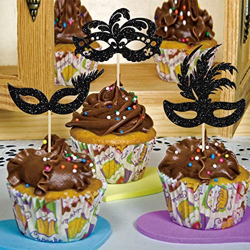 Gyufise 24Pcs Masquerade Masks Cupcake Toppers Glitter Bachelorette Party Mask Cupcake Food Fruit Picks Masquerade Mardi G...