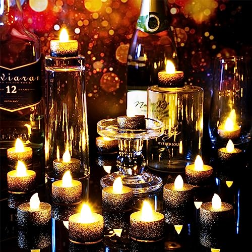 Retisee 48 Pcs Flameless LED Tea Lights Gold Black Glitter Electric Fake Candles for Centerpieces Battery Operated Anniver...