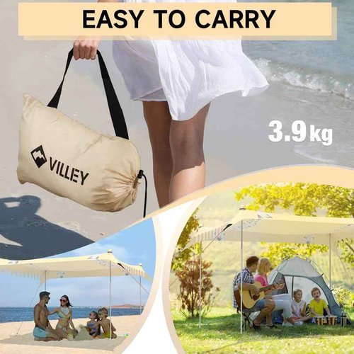 VILLEY Beach Tent Sun Shelter with UPF50+ Protection, 11×10FT Portable Sun Shade with 4 Stability Poles, 8 Ground Pegs, 4 Sandbags and Sand Shovel, Outdoor Beach Canopy for Camping Trips, Picnics