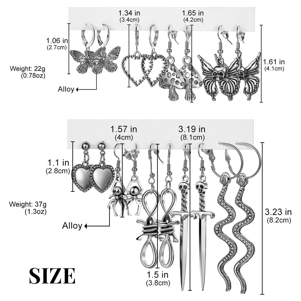 Gothic Earrings Set, Metal Punk Goth Vintage Silver Snake Spider Butterfly Dagger Dangle Drop Earrings for Women, Grunge Y2K Emo Jewelry Pack Party Costume Accessories (Style1)