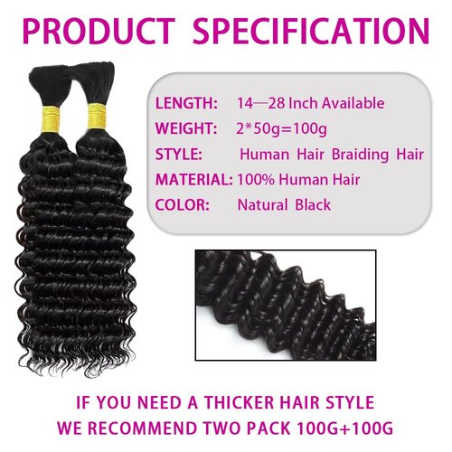 Human Braiding Hair 100g 2 Bundles 26 Inch Deep Wave Bulk Human Hair for Braiding No Weft Bundle 12A Brazilian Virgin Curly Human Hair Extensions for Boho Braids Wet and Wavy Human Hair Braiding Hair