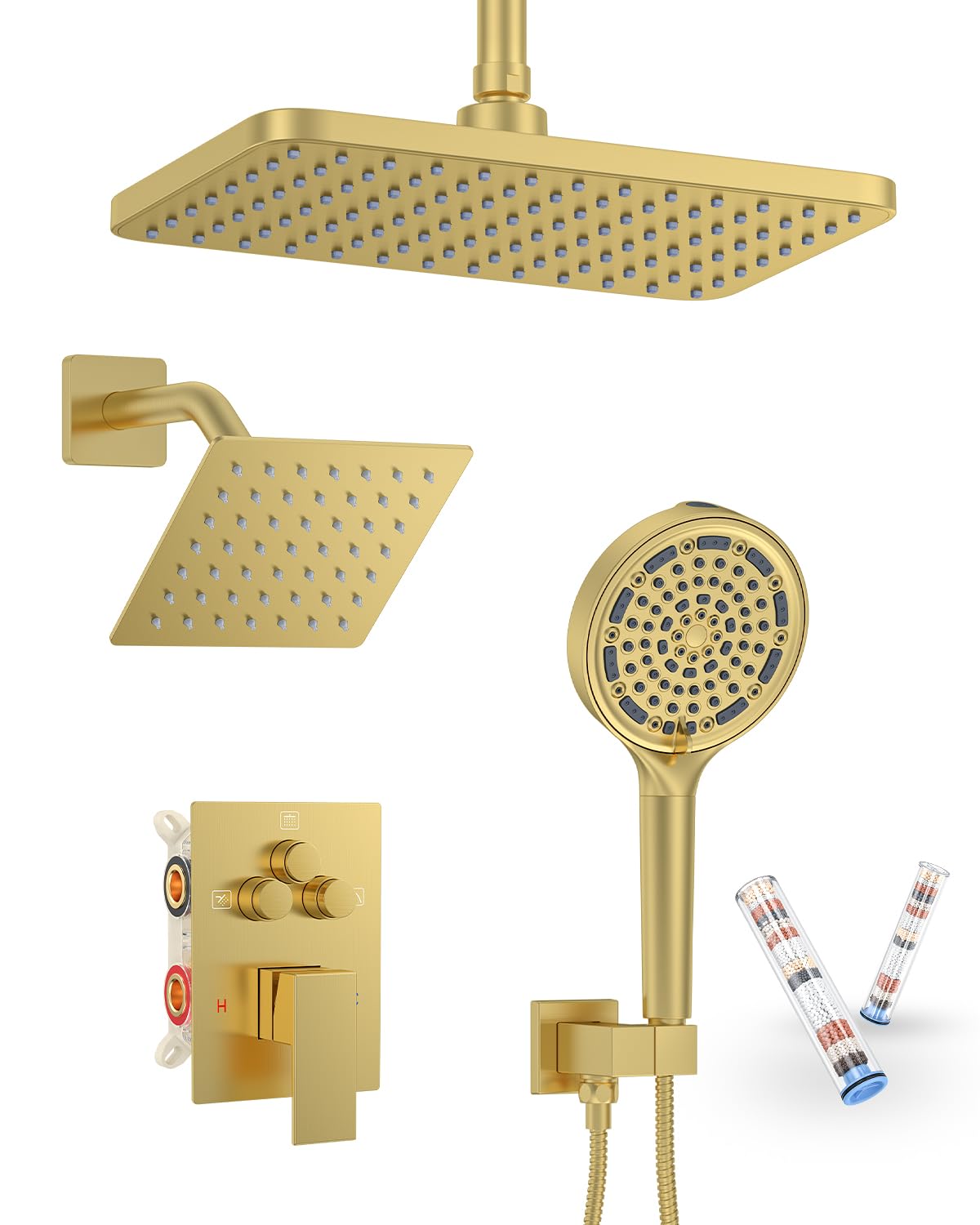 KOJOX Brushed Gold Dual Shower Head System – 11" Ceiling Rainfall + 6" Wall Mount Heads, 6-Mode Handheld Spray, Push-Button Diverter Faucet Set
