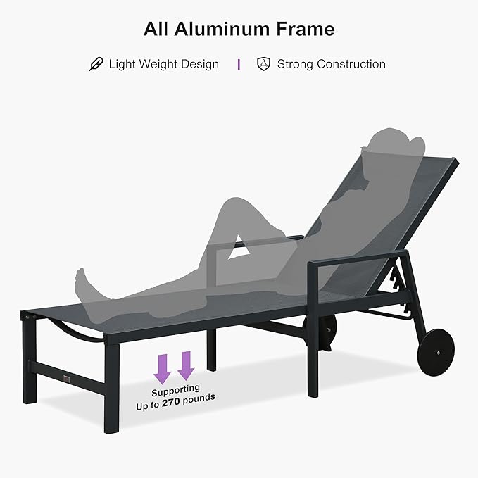 PURPLE LEAF Outdoor Chaise Lounge Set for 2 Aluminum Patio Chaise Lounger Chair with Armrest Adjustable Pool Chaise Lounge Chair for Beach Yard Poolside Table Included, Dark Grey