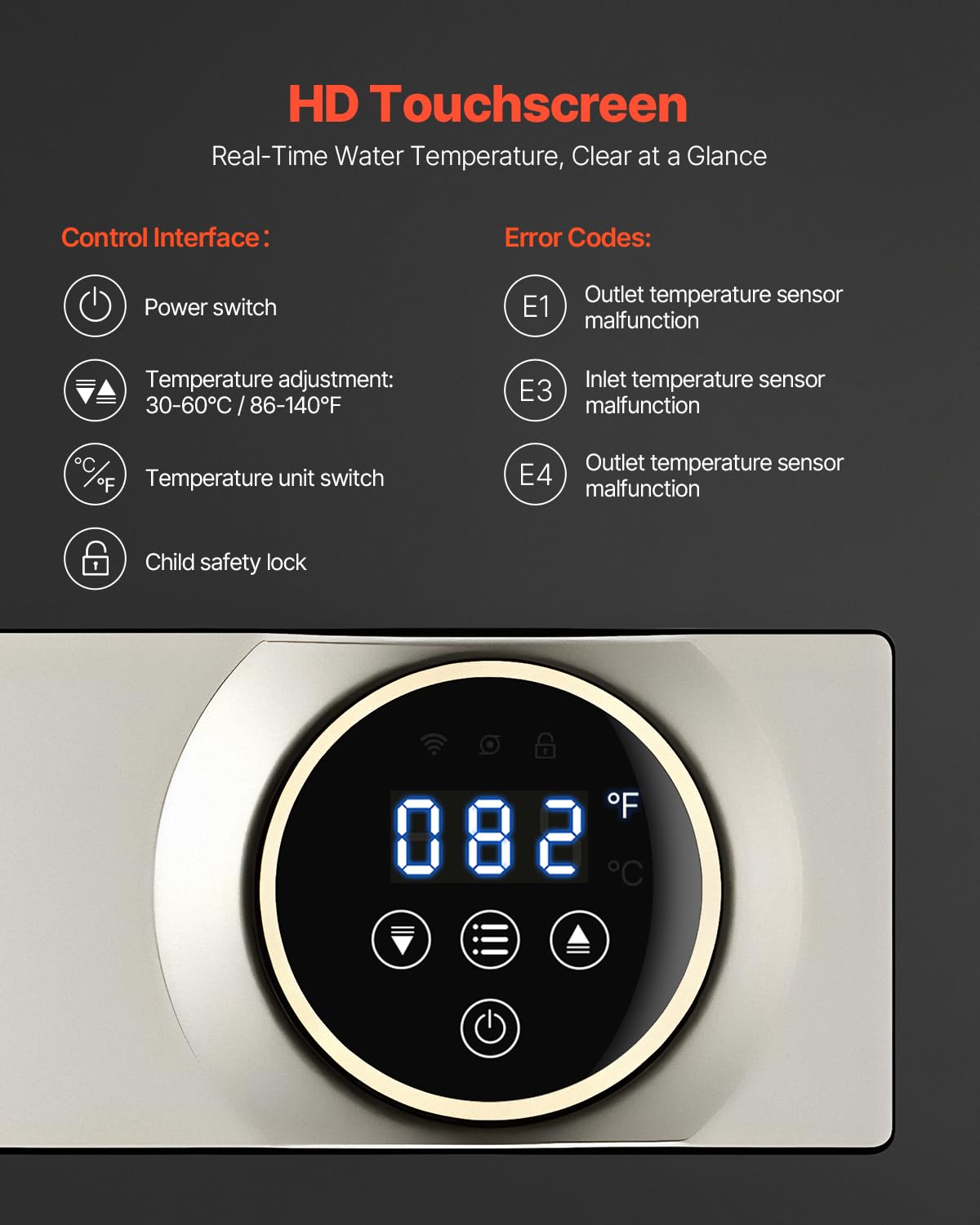 VEVOR Tankless Water Heater Electric, 27KW 240V Black Instant Water Heater, LCD Touch Screen, Digital Temperature Display, Child Security Lock, On Demand for Bathroom, Kitchen, Shower, Mall, Salon