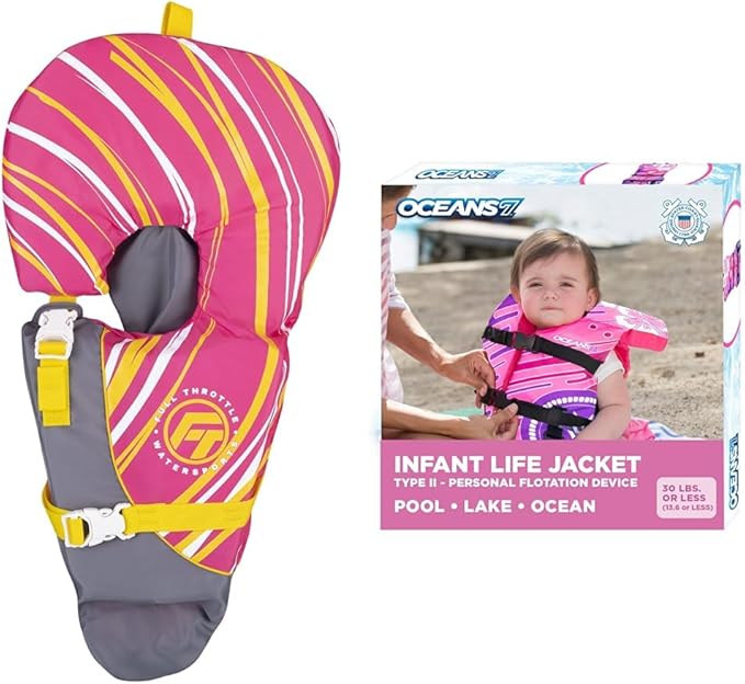 Full Throttle Infant Life Jacket and Oceans 7 Infant-Youth USCG Approved Life Vest - Pink, Models 104000-105-000-15 and 8-...