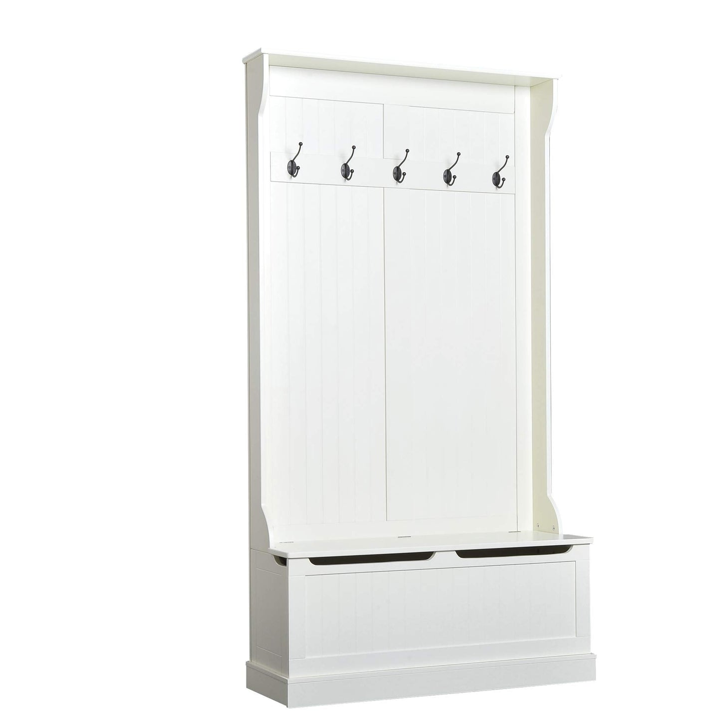 HOMCOM Hall Tree with Bench and Shoe Storage, 3-In-1 Entryway Bench with Coat Rack, 5 Hooks and Flip Top Storage Compartment, Cream White