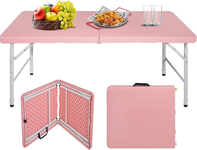 ICSPOID Portable Plastic Folding Table 4ft/6ft/8ft Heavy Duty White Black Picnic Dining Table Fold-in-Half for Camp Party ...