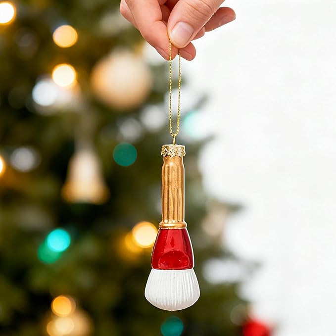WDS WONDROUS Makeup Christmas Ornaments, Gold and Red Cosmetic Brush Glass Hanging Ornament Decoration, Cosmetic Brush Ornament Set for Christmas Tree Decor Holiday Party Home Gift