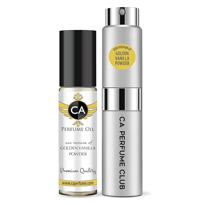 CA Perfume Duo Impression of Golden Vanilla Powder For Women And Men Perfume Layering Set Long Lasting Travel Size EDP + Body Oil Roll-On Bottle 0.27 Fl Oz+0.33 Fl Oz