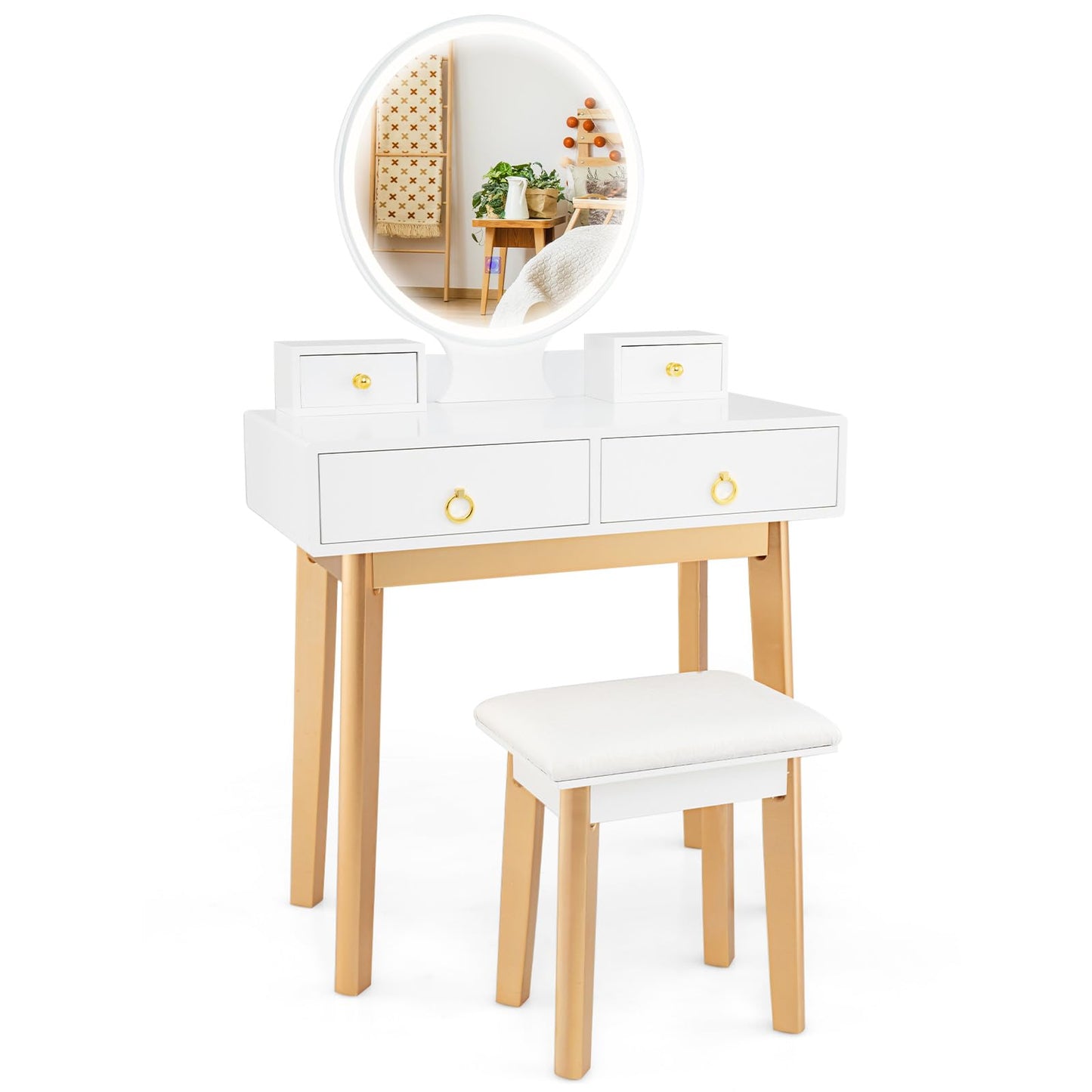 COSTWAY Vanity Table Set with LED Lighted Mirror, Makeup Dressing Table Set with 3 Color Lighting Modes & Adjustable Brightness, Vanity Desk with Cushioned Stool for Women, Girls, White