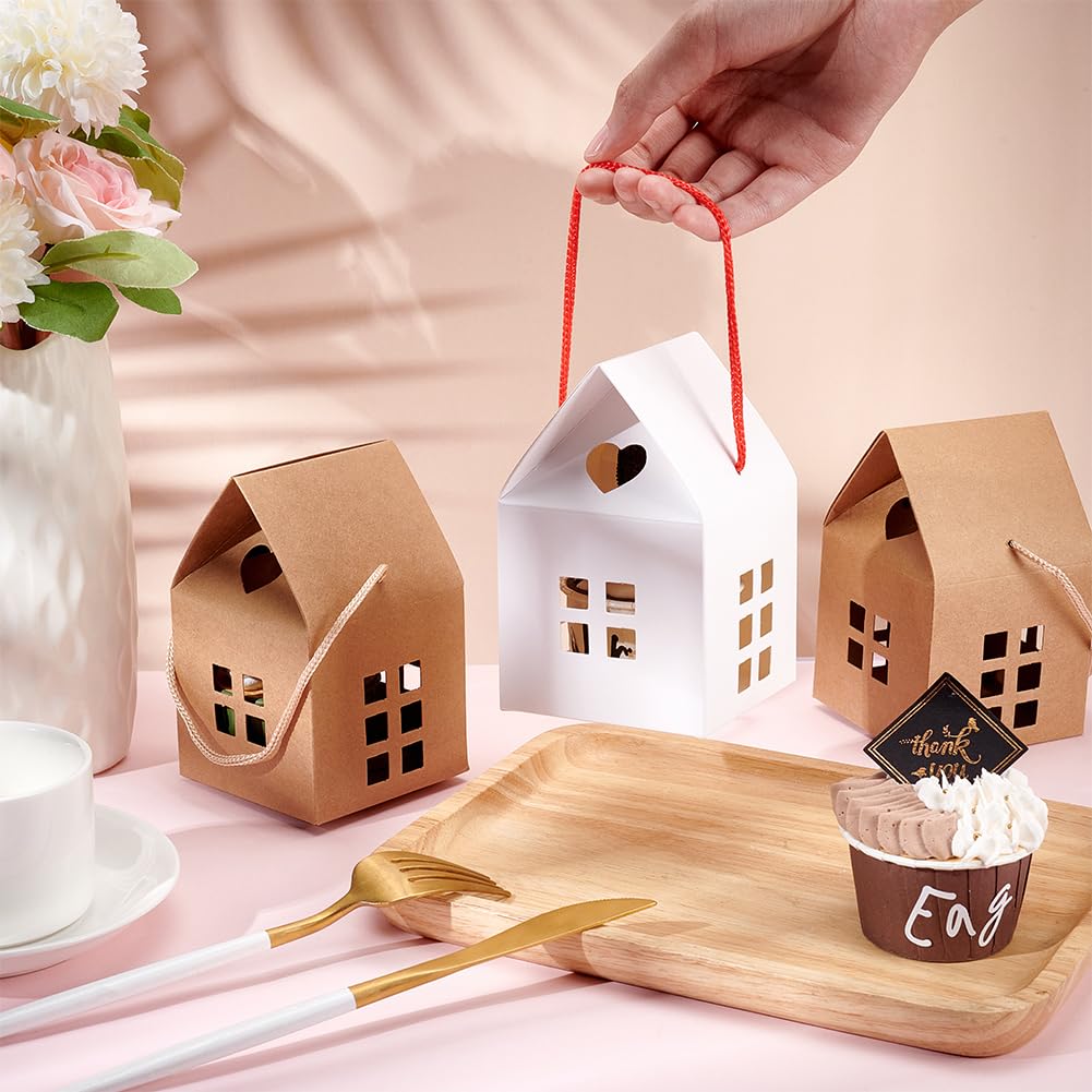 BENECREAT 30Pcs House Shaped Gift Boxes, 3x3x5inch Log Kraft Paper Candy Box Cardboard Treat Boxes for Wedding Baby Shower Birthday Party