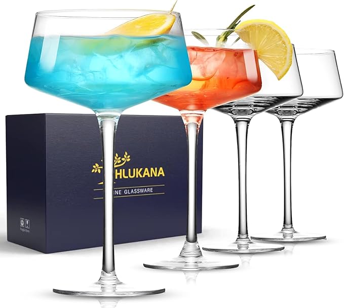 Hlukana Hand Blown Martini Glasses Set of 4, 8 oz Coupe Glass, Premium Crystal Cocktail Glassess, Champagne Glass, Handblo...