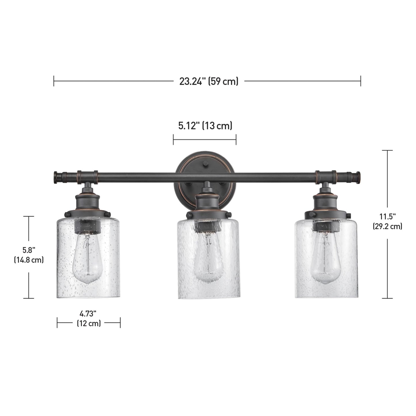 Globe Electric 51415 Camden 5-Piece All-in-One Bathroom Set, 3 Vanity Light with Seeded Glass Shades, Bar, Towel Ring, Robe Hook, Toilet Paper Holder, Bronze