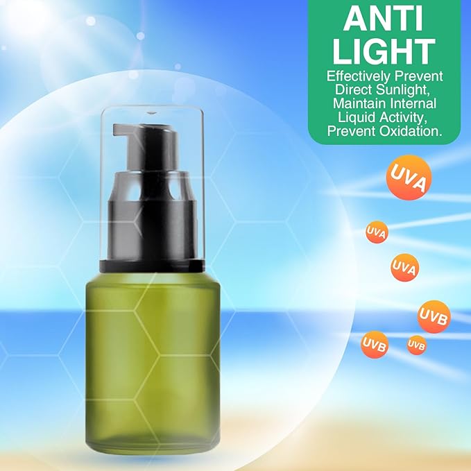 3PCS 30ML/1OZ Empty Green Frosted Glass Bottles with Pump Refillable Vial Cosmetic Dispenser Jars Storage Travel Lotion Container Portable Sample Bottle for Toiletries,Foundation,Cream,Gel,Lotion