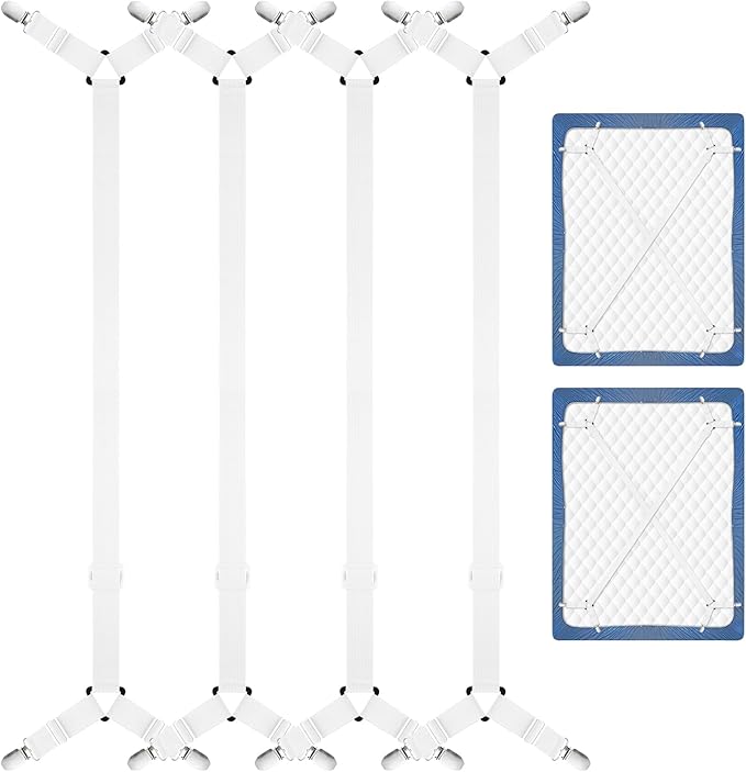 CHRORINE Bed Sheet Holder Straps Adjustable Sheet Fasteners Clips Keep Bedding Stays in Place, 4 Pcs/Set, White