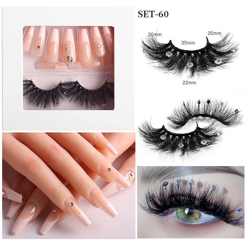 HBZGTLAD 3 in1 color eyeline Press On Nail with Eyelash Packing Boxes Set Package Pink White DIY Lashes and Nail Suit Box 1set… (SET-60)