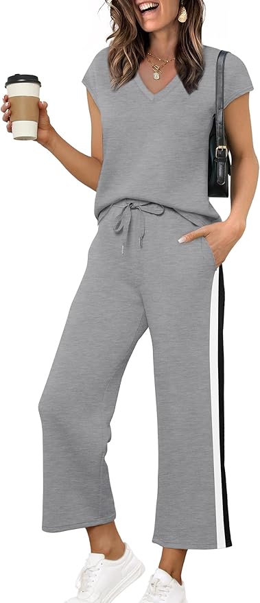 Saloogoe Two Piece Sets for Women Summer Outfits Lounge Sets V Neck Tops Wide Leg Pants Woman Vacation Travel Outfits