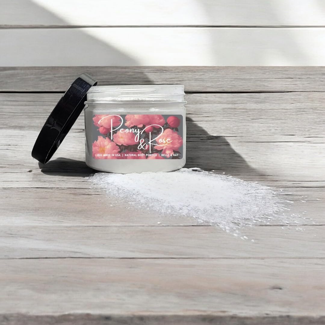Body Powder for Men & Women Scented Peony & Rose, Bath Perfume Dusting Powder with Fragrance & Essential Oils, Talc Free 8oz Container, Made in USA