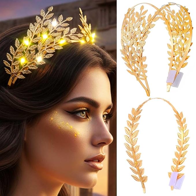 DRESBE Light Up Leaf Headband LED Greek Goddess Headbands Glow Toga Roman Hair Accessories for Women(2pcs) (Gold)