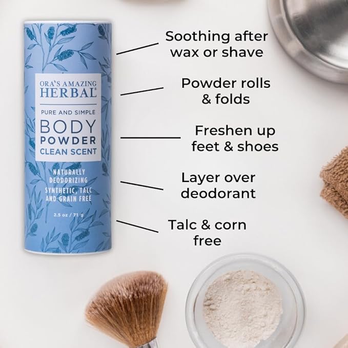 Ora's Amazing Herbal Body Powder for Men and Women, Dusting, Foot Powder, Talc Free, Cornstarch Free, Clean Scent with Essential oils of Lemongrass, Eucalyptus and Spearmint