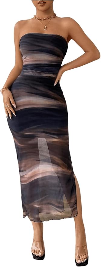 Milumia Women's Tie Dye Printed Ruched Tube Dress Strapless Mesh Split Rave Maxi Dresses