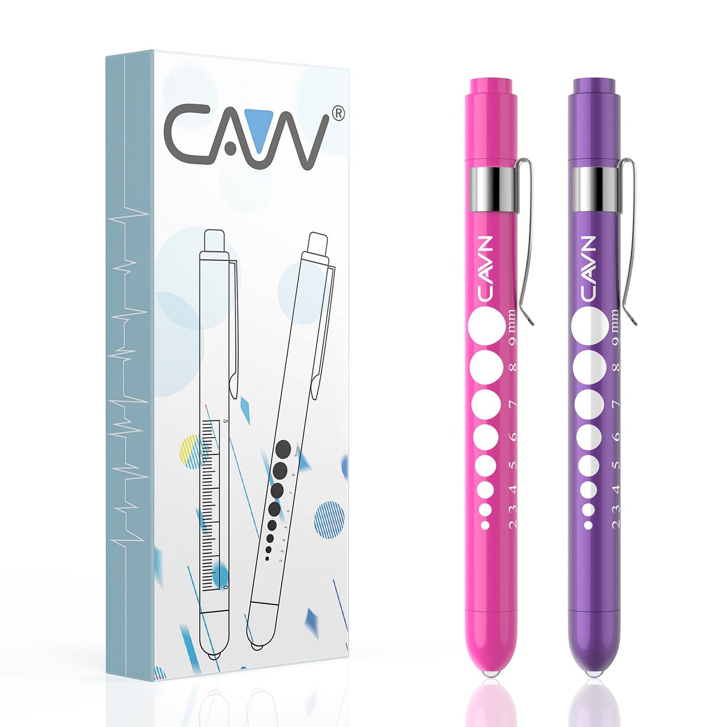 CAVN Pen Light with Pupil Gauge LED Penlight for Nurses Doctors, 2 Pcs Reusable Medical Penlight for Nursing Students (Purple/Pink)